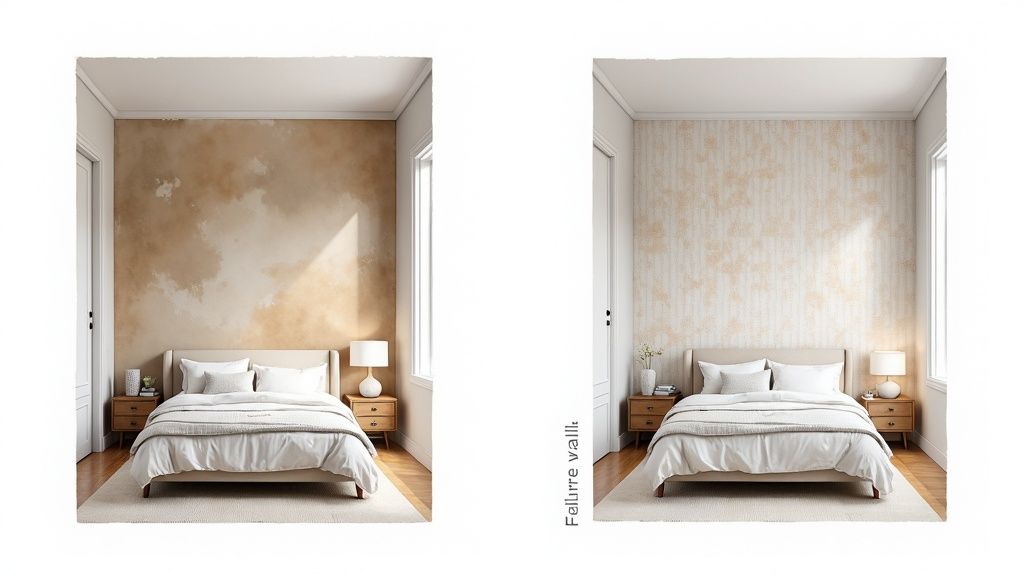 Two bedroom interiors showcasing different accent wallpapers, white beds, and wooden nightstands.