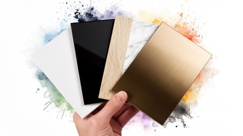 A hand holds various material samples: white, black, wood, marble, and brushed gold finishes, against a colorful watercolor background.