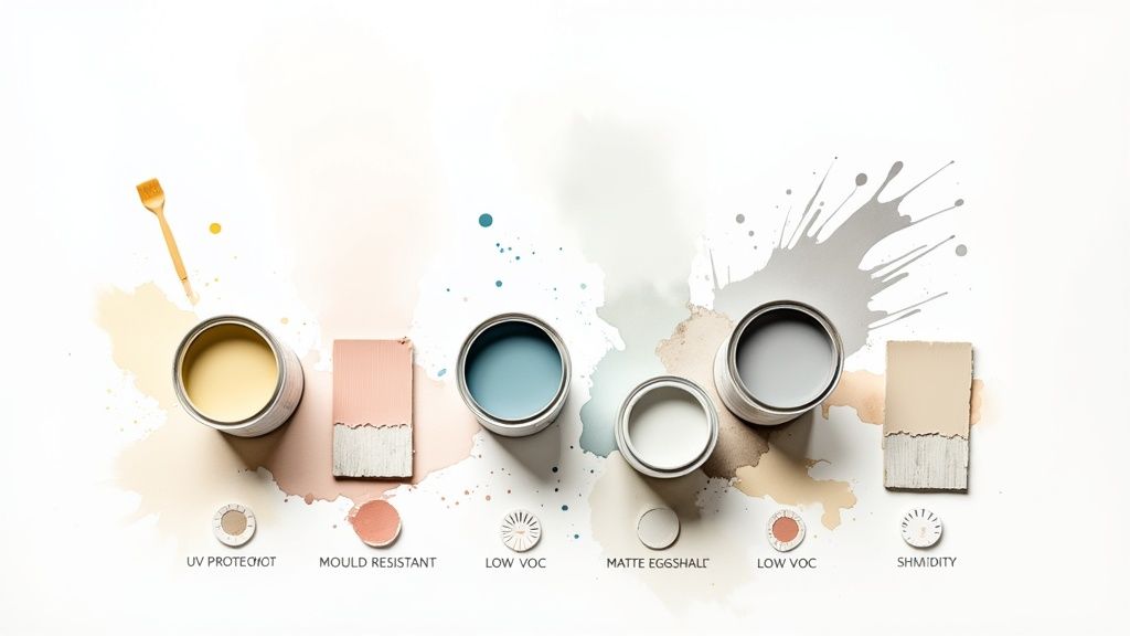 A flat lay of various open paint cans, swatches, and splatters, highlighting paint properties.