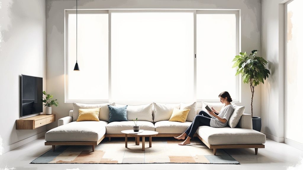 A woman reads on a modern sectional sofa in a bright living room with large windows.