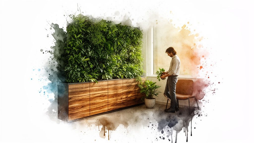 A man waters plants next to a large indoor living wall with a wooden cabinet, in a room with a watercolor effect.