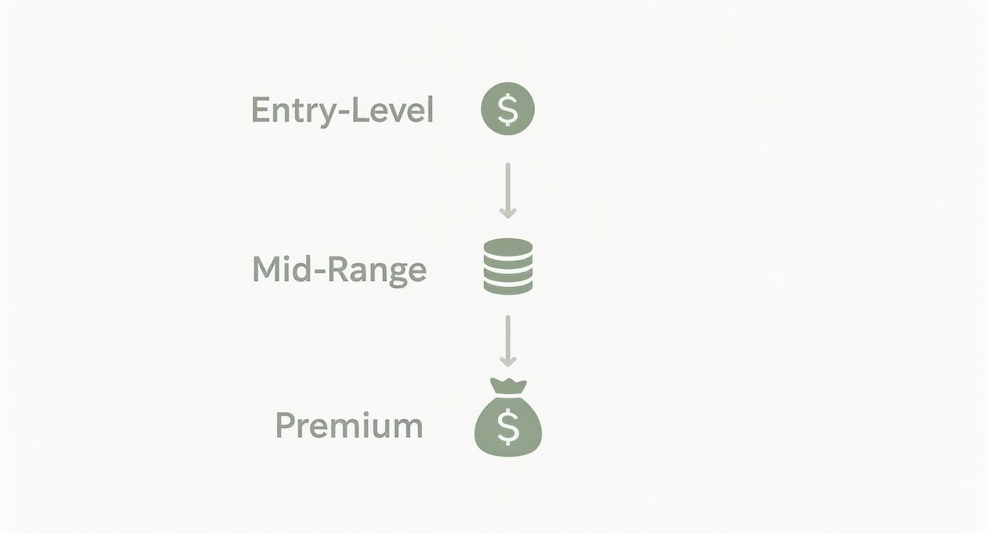 Three tier pricing progression diagram showing entry-level, mid-range, and premium service levels with icons