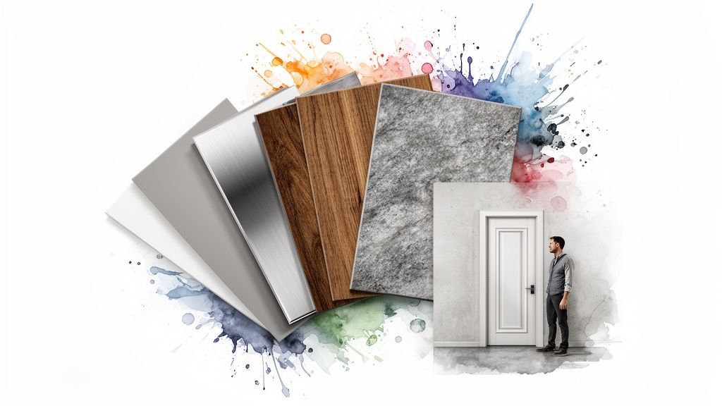 Material samples including wood, metal, and concrete texture with a man standing by a white door.