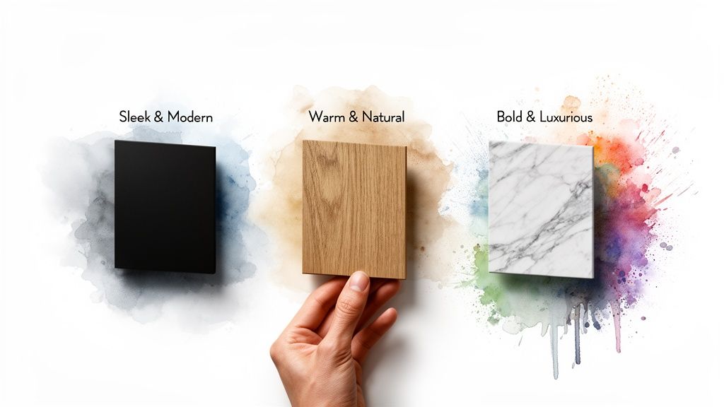 Three design material samples: sleek black, warm natural wood, and bold luxurious marble, with watercolor effects.