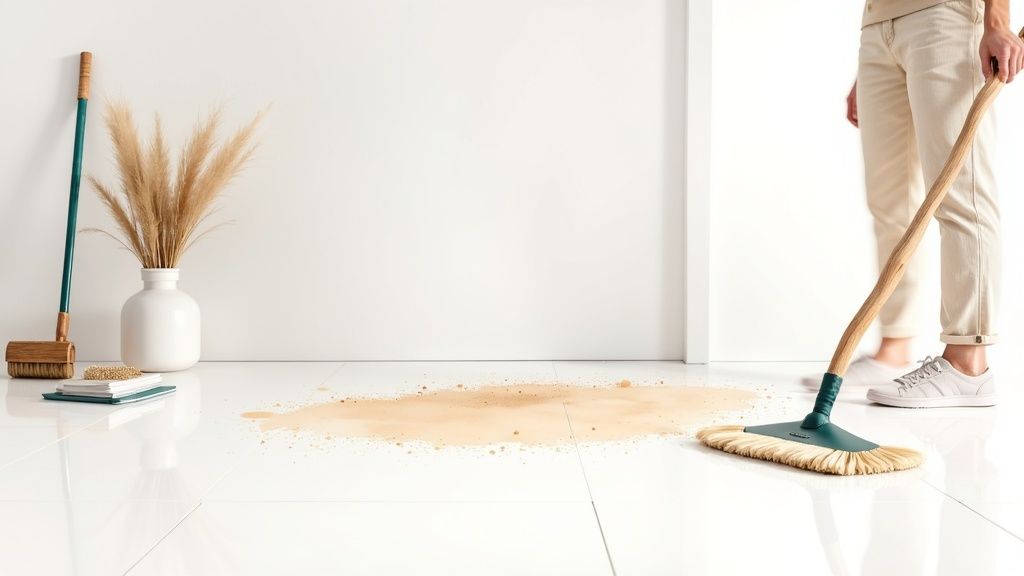 Person mopping dirty floor with beige mop next to decorative vase and cleaning supplies