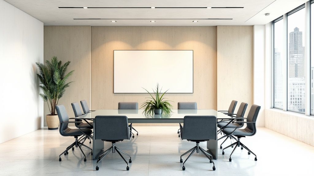 A modern boutique hotel lobby featuring a reception desk with a bold geometric creative wrap.