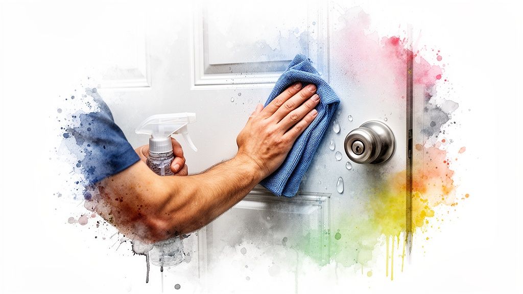 Close-up of hands cleaning a white door with spray and blue microfiber cloth, vibrant watercolor art.