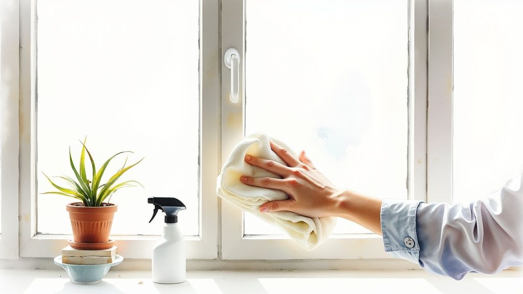 Person cleaning window glass with yellow cloth and spray bottle on windowsill