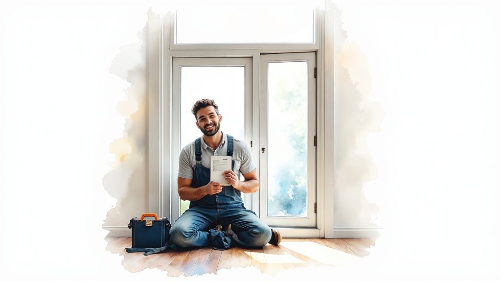 A professional installer carefully applying window tinting film to a large residential window.