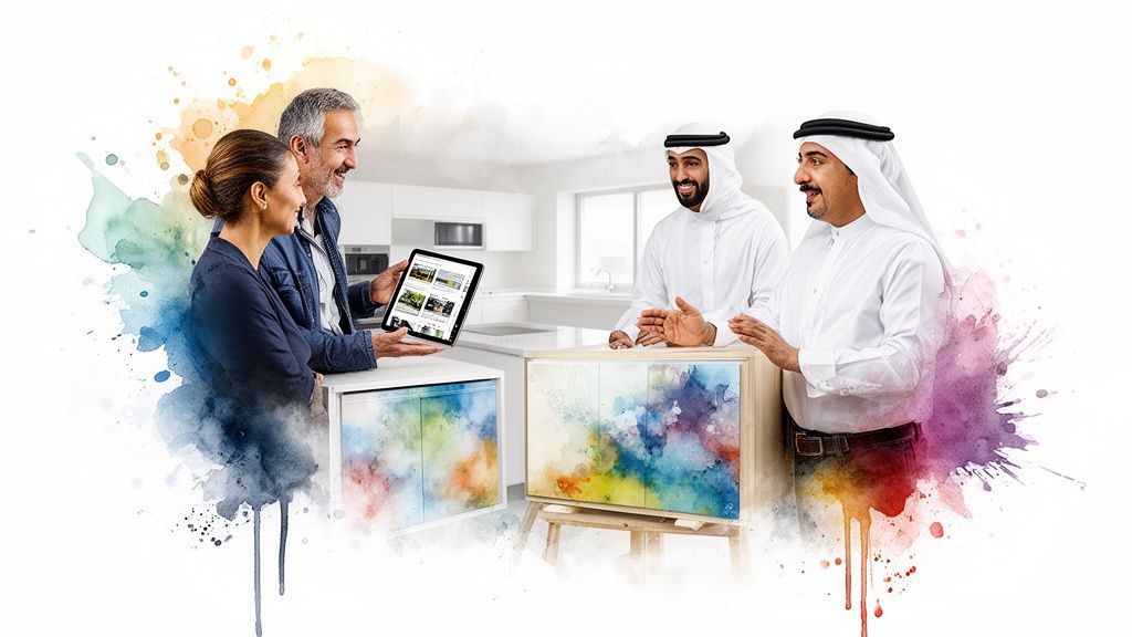 People discuss vibrant kitchen wrap designs on a tablet, showcasing colorful custom cabinets in a modern kitchen.
