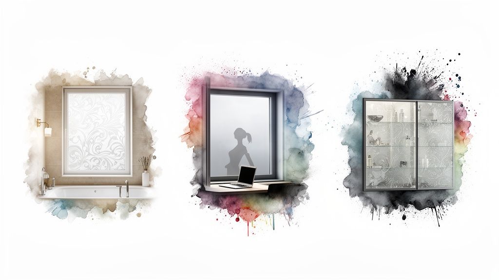 Three detailed scenes showcasing various applications of decorative privacy films on windows and glass cabinets.