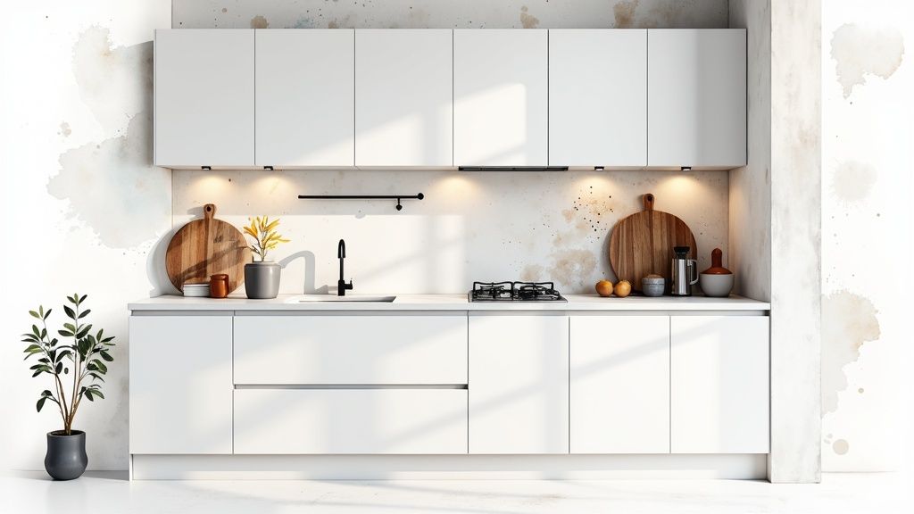 A modern, bright kitchen with freshly wrapped white cupboards.
