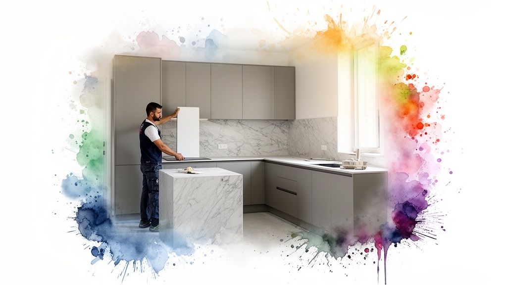 A man installing modern grey kitchen cabinets and a marble island with colorful watercolor accents.