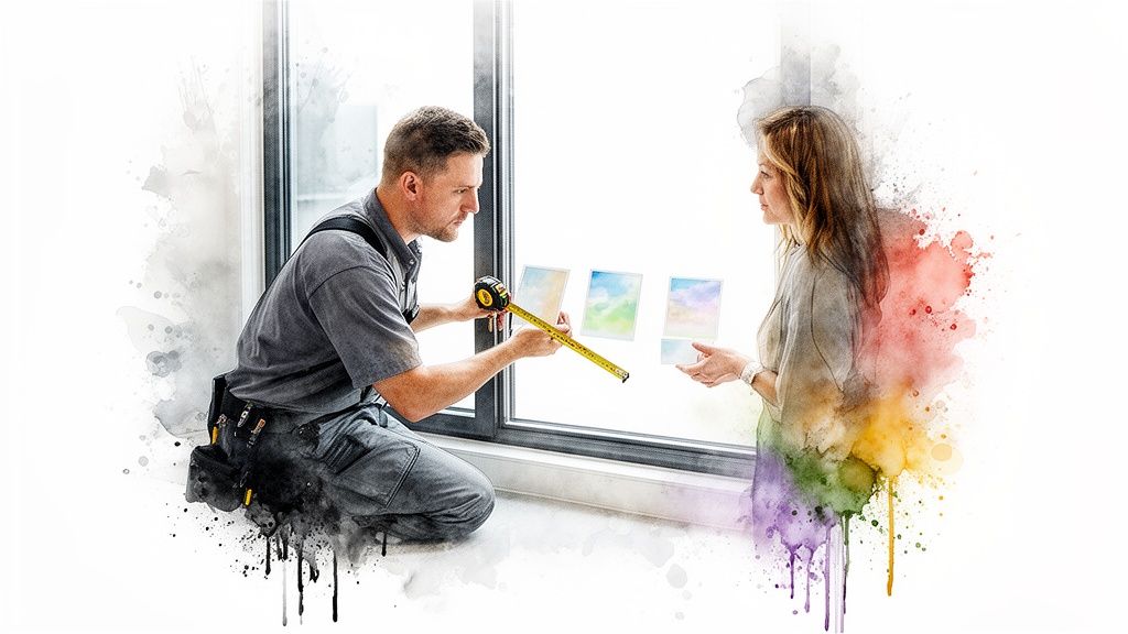 Window technician consults with female client, showcasing tint samples with a measuring tape.