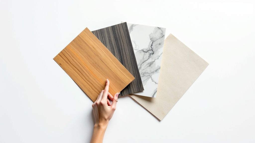 A close-up view of various vinyl wrap samples in different colours and textures like wood grain and matte finishes.
