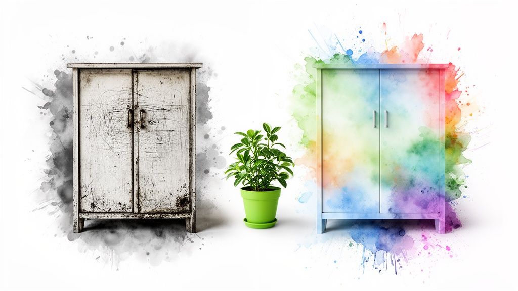 An old, scratched cupboard next to a modern, colorful one, separated by a green plant.