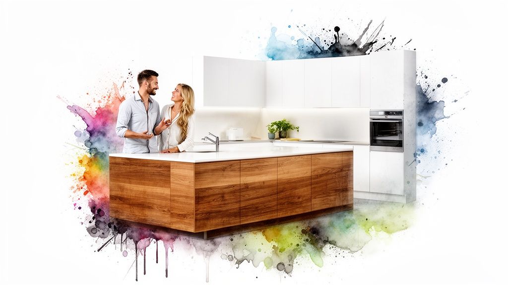 A smiling couple stands in a vibrant kitchen with a modern design and colorful watercolor art.