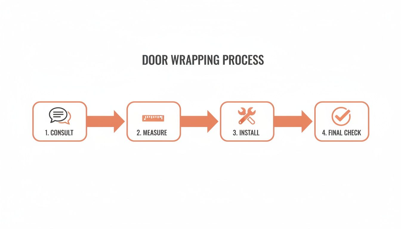 A four-step door wrapping process diagram showing consult, measure, install, and final check.