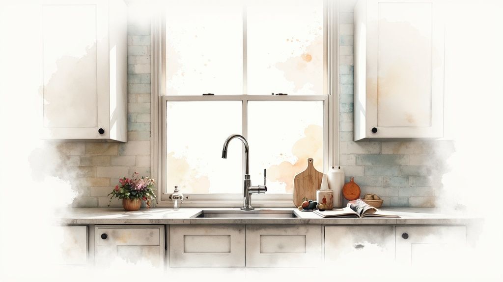 A bright kitchen counter with a sink under a large window, white cabinets, and decor.