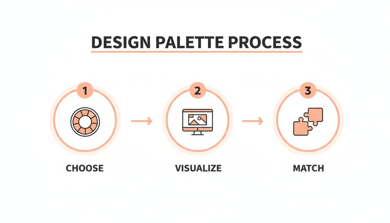 A three-step design palette process flowchart: choose, visualize, and match colors, depicted with icons.