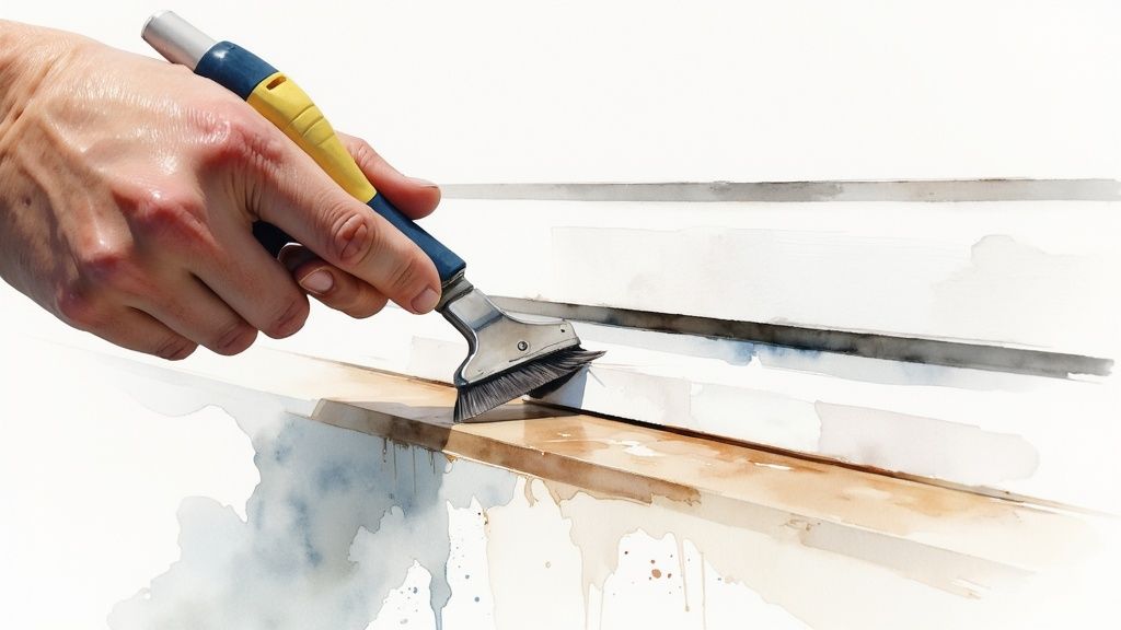 A close-up shot of a professional installer applying a marble-effect wrapping film to a kitchen countertop with a squeegee, showcasing the precision of the application.