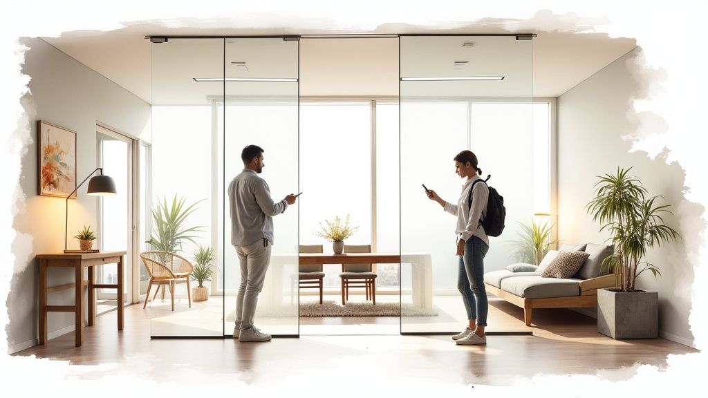 A modern office interior with a smart glass film partition wall that is partially opaque and partially clear, demonstrating the transition.