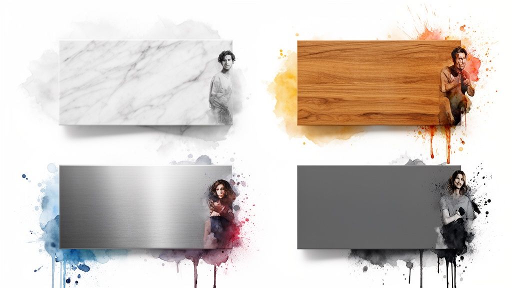 Four textured material swatches (marble, wood, brushed metal, grey) showcasing people within artistic watercolor splashes.