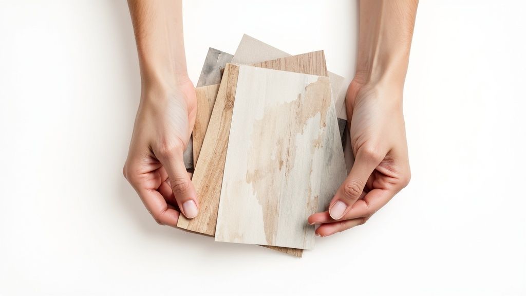 Hands holding various wood flooring samples with different textures and shades on a white background.