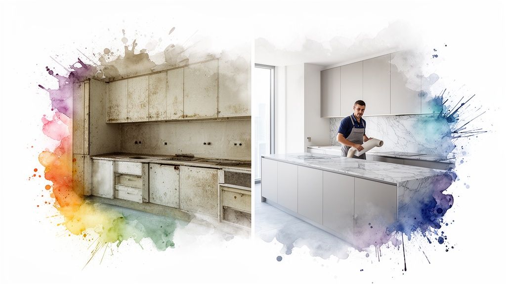 Before-and-after kitchen renovation, from dirty old cabinets to modern new ones, featuring wrap installation.