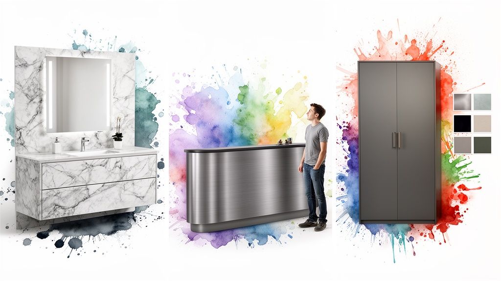 A display of home furniture including a marble vanity, metal counter, and gray wardrobe on a colorful watercolor background.