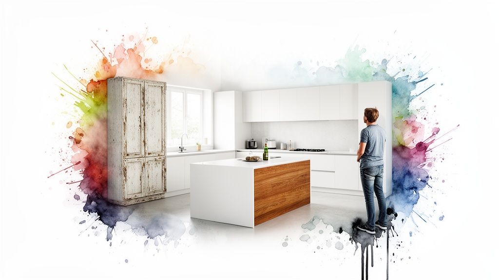 Modern kitchen with a large island, rustic cabinet, a person, surrounded by colorful watercolor art.