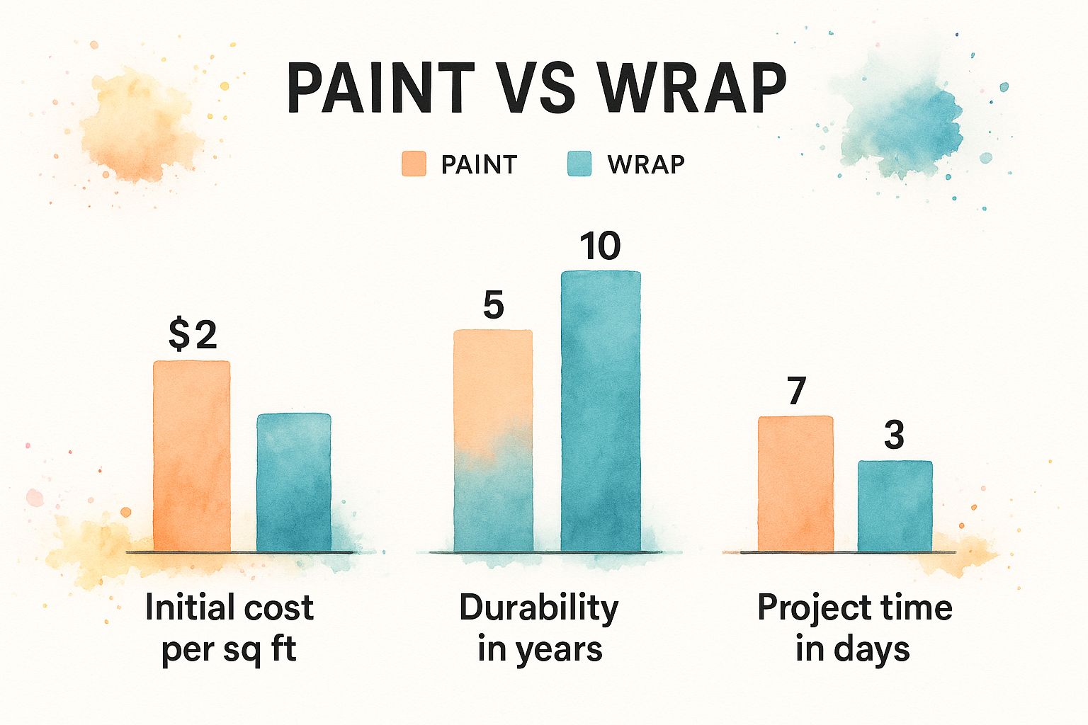 An infographic comparing home painting services in Dubai with architectural wraps, showing that a higher initial cost but offer greater durability and a much faster project timeline.
