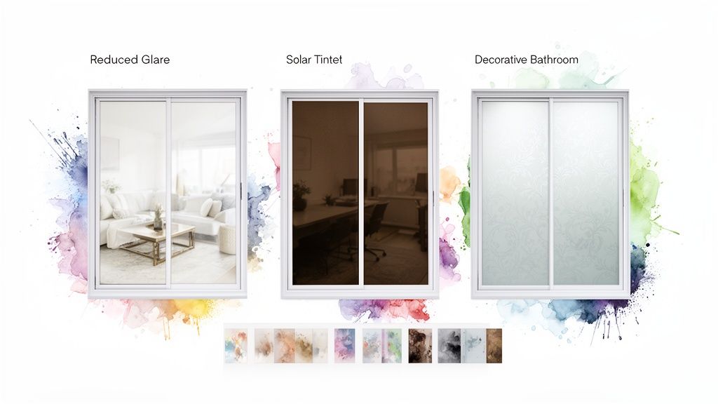 Three window displays demonstrating reduced glare, solar tint, and decorative bathroom films, with various sample swatches below.