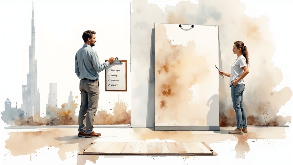 A man reviews a checklist while a woman presents on a large board in an artistic office.