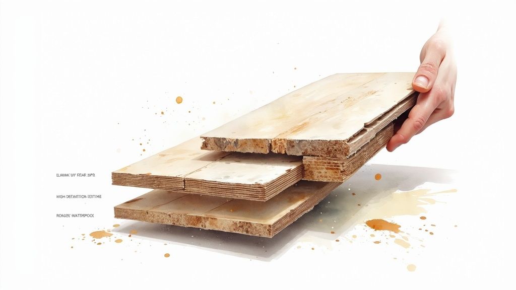A hand holds layered, damaged wood or flooring planks, with splashes of liquid around them.