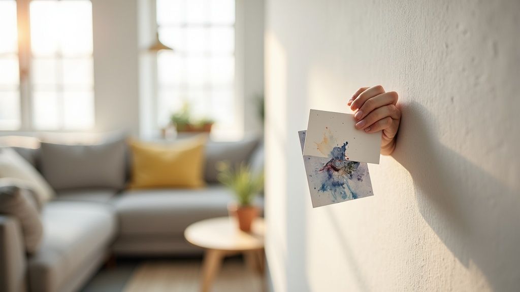 Hand holding watercolor artwork prints against white textured wall in modern living room interior