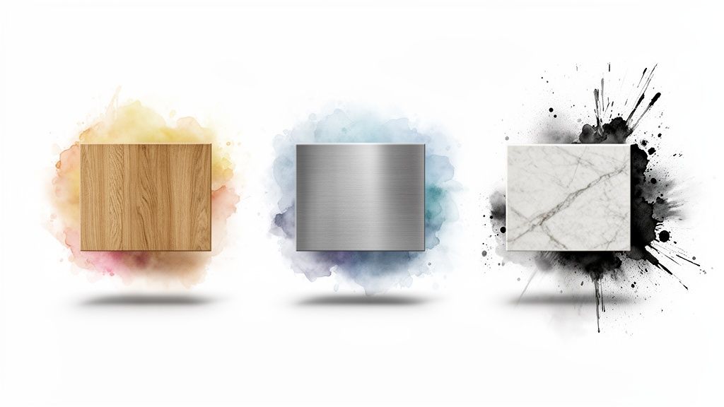 Three material samples: wood, brushed metal, and white marble, on vibrant watercolor splatters.
