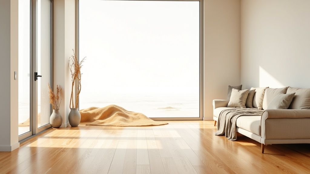 Modern minimalist living room with wooden LVT flooring, beige sofa, and large glass doors
