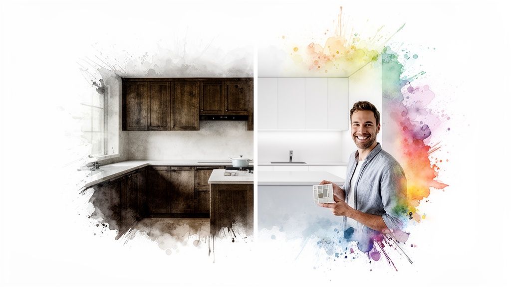 Man in a modern kitchen with colorful splashes, contrasting an old rustic kitchen, highlighting interior design.