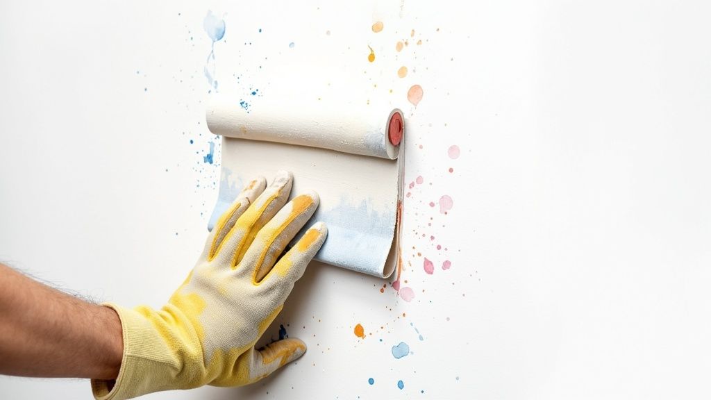 A person smoothing a wall surface with a tool in preparation for wallpaper.