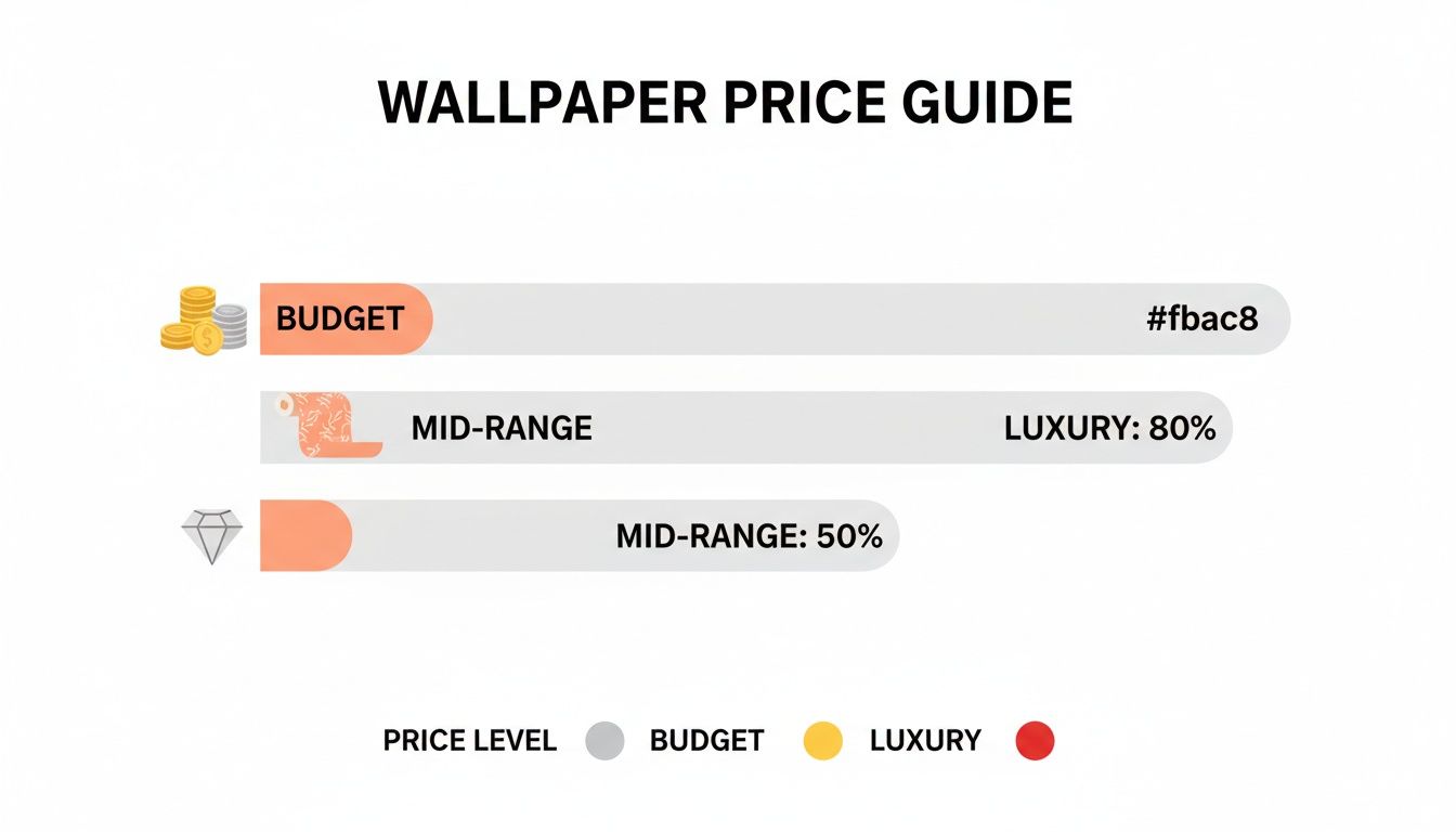A wallpaper price guide infographic illustrating budget, mid-range, and luxury options with progress indicators.