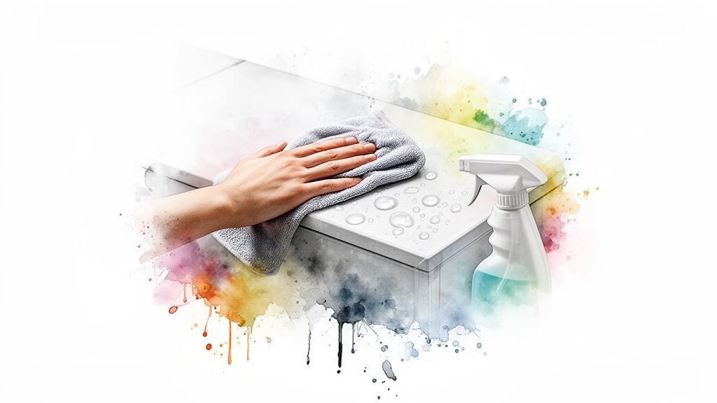 Hand cleaning a white surface with a grey cloth and spray bottle, artistic watercolor effect.