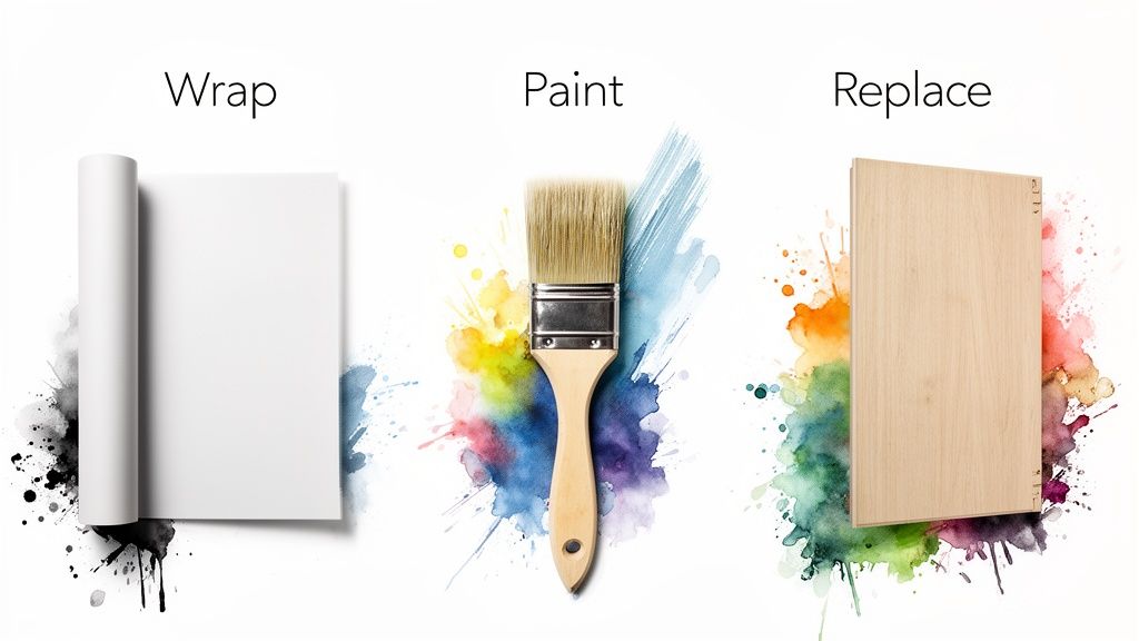 Visual guide showing three options: wrap with white vinyl, paint with a brush, or replace with wood panels.
