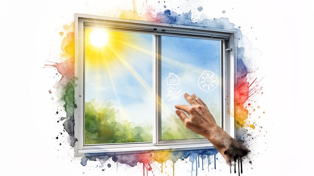 Hand touches smart window displaying UV, house, and sun icons, surrounded by colorful watercolor.