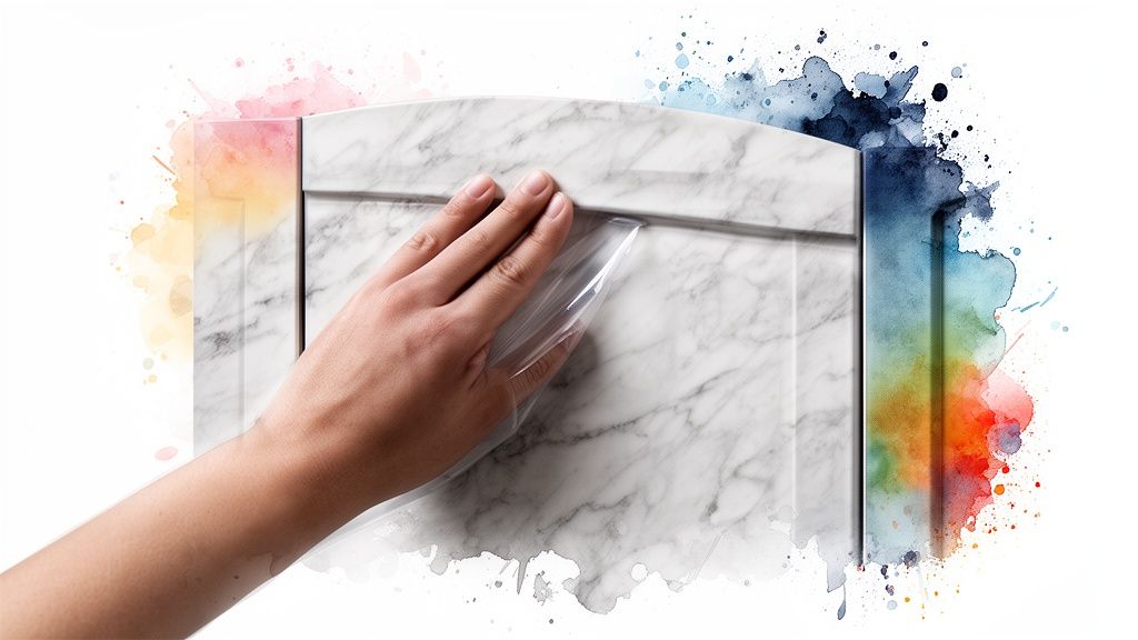 Hand installing a self-adhesive clear film on a marble-patterned kitchen cabinet door, with watercolor art.
