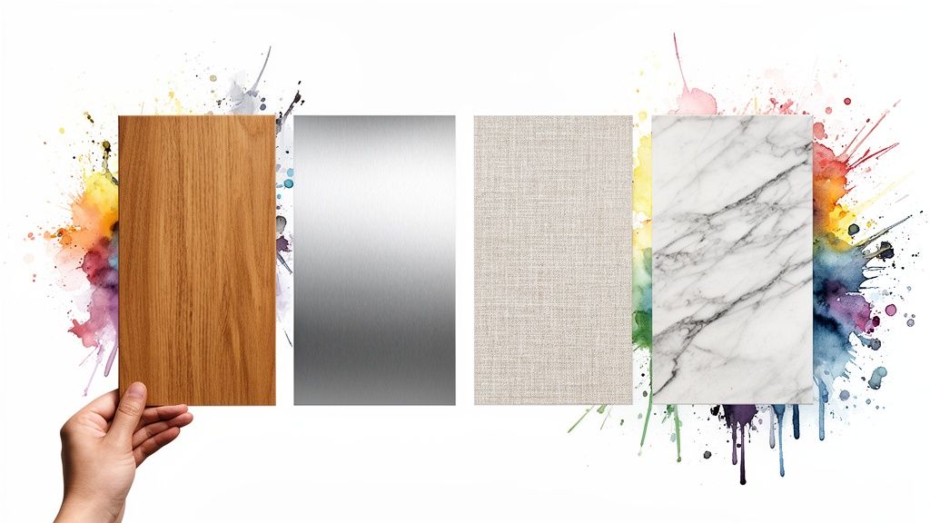 A hand holds a wooden panel next to metal, fabric, and marble textures on a colorful watercolor background.