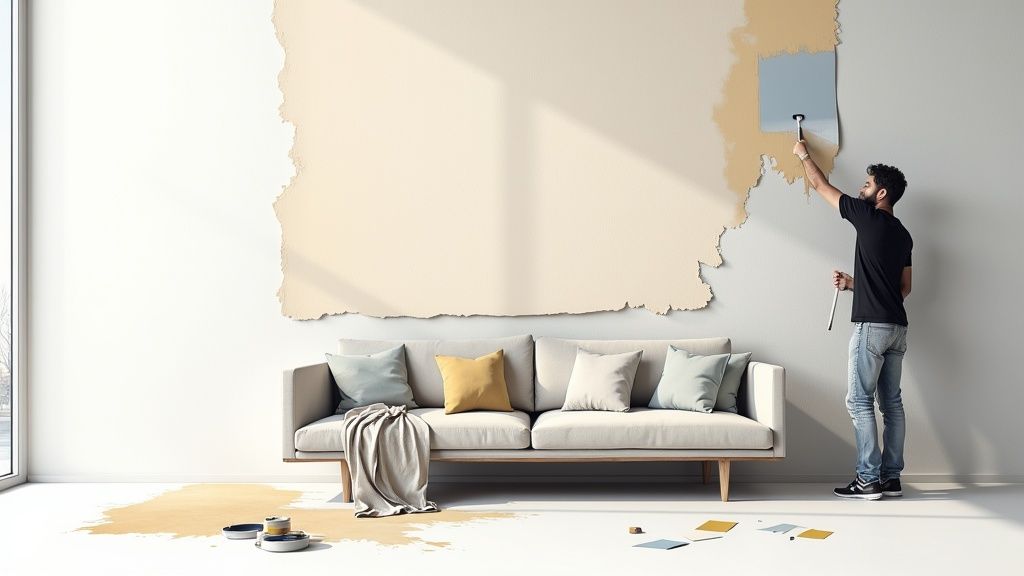 A painter carefully applying white paint to a modern living room wall in Dubai.