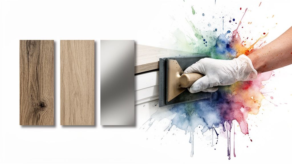 Renovation materials, including wood and metal, with a hand applying finish amidst vibrant paint splashes.