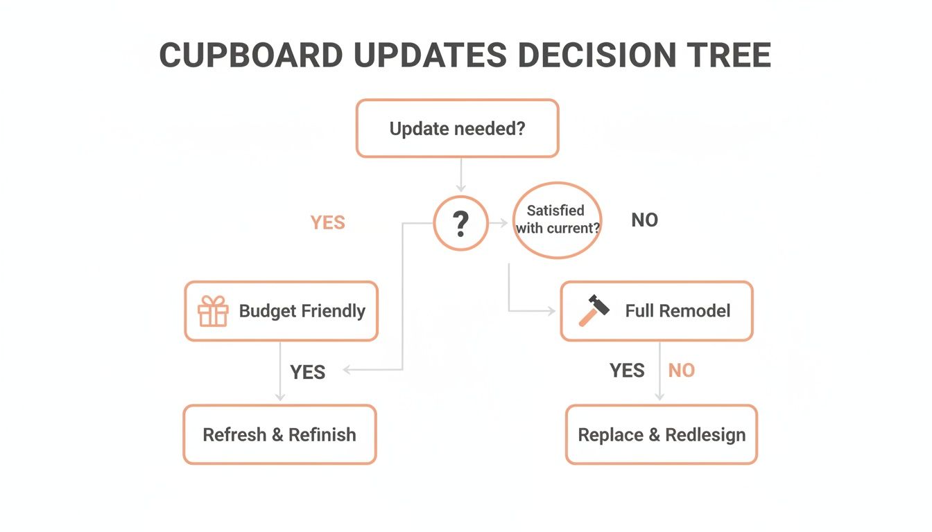 A decision tree illustrating cupboard update options based on need, satisfaction with current, budget, and remodeling decisions.