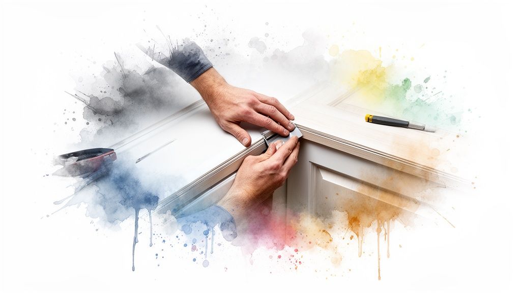 Hands expertly applying vinyl wrap or trim to the corner of a white cabinet.